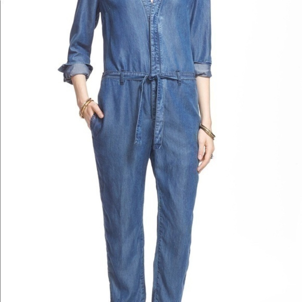 FREE PEOPLE LOU DENIM BELTED CHAMBRAY V-NECK JUMPSUIT - Picture 2 of 16